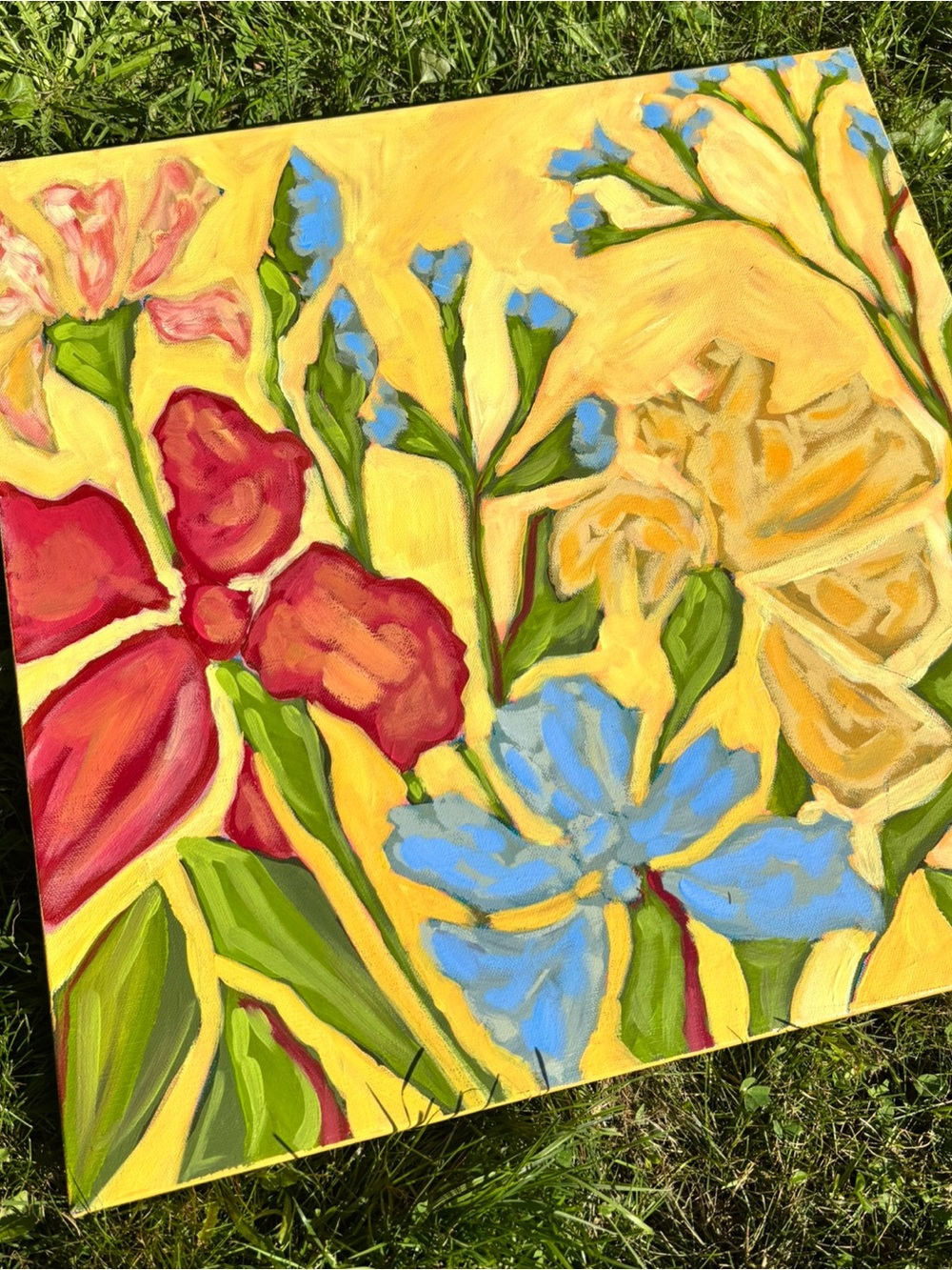 Original Floral Impressionist Bright Folk Art on Gallery Wrapped Canvas 20”x20”